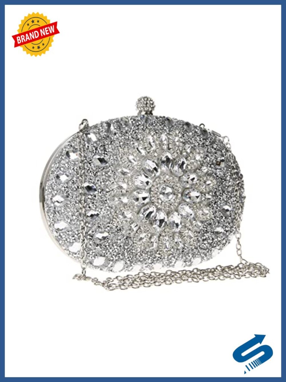 Rhinestone Sequin Oval Evening Clutch with Chain Strap Stylish Formal Bag